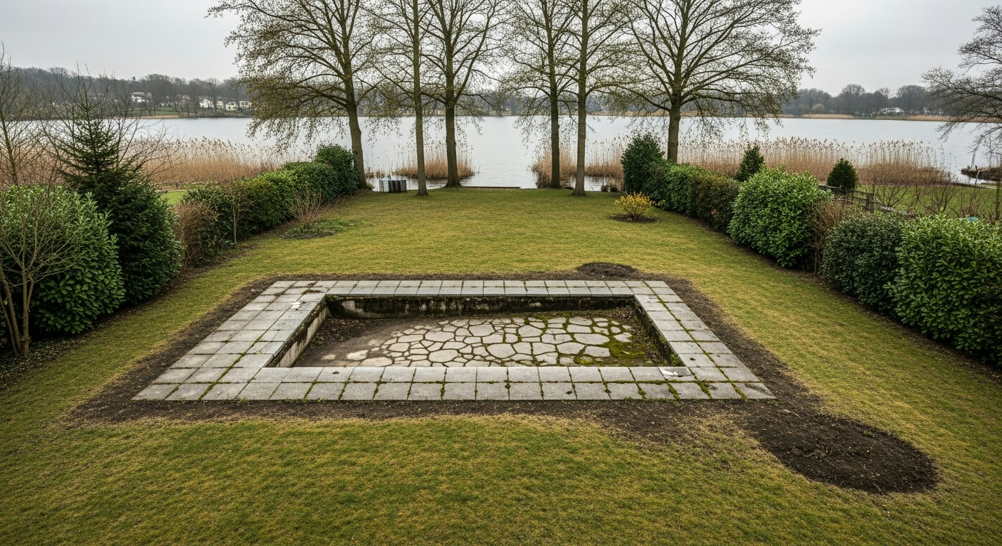 Vorher — ungenutzter Garten am Wasser mit alter Beckenwanne